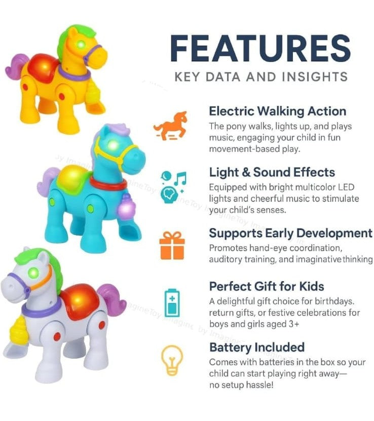 Electric Walking Pony Toy with Lights, Music & Movement โ Colorful Interactive Horse for Kids